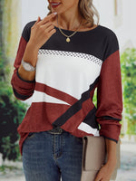 Casual Long Sleeve Crew Neck Color Block Loose Regular T-Shirt