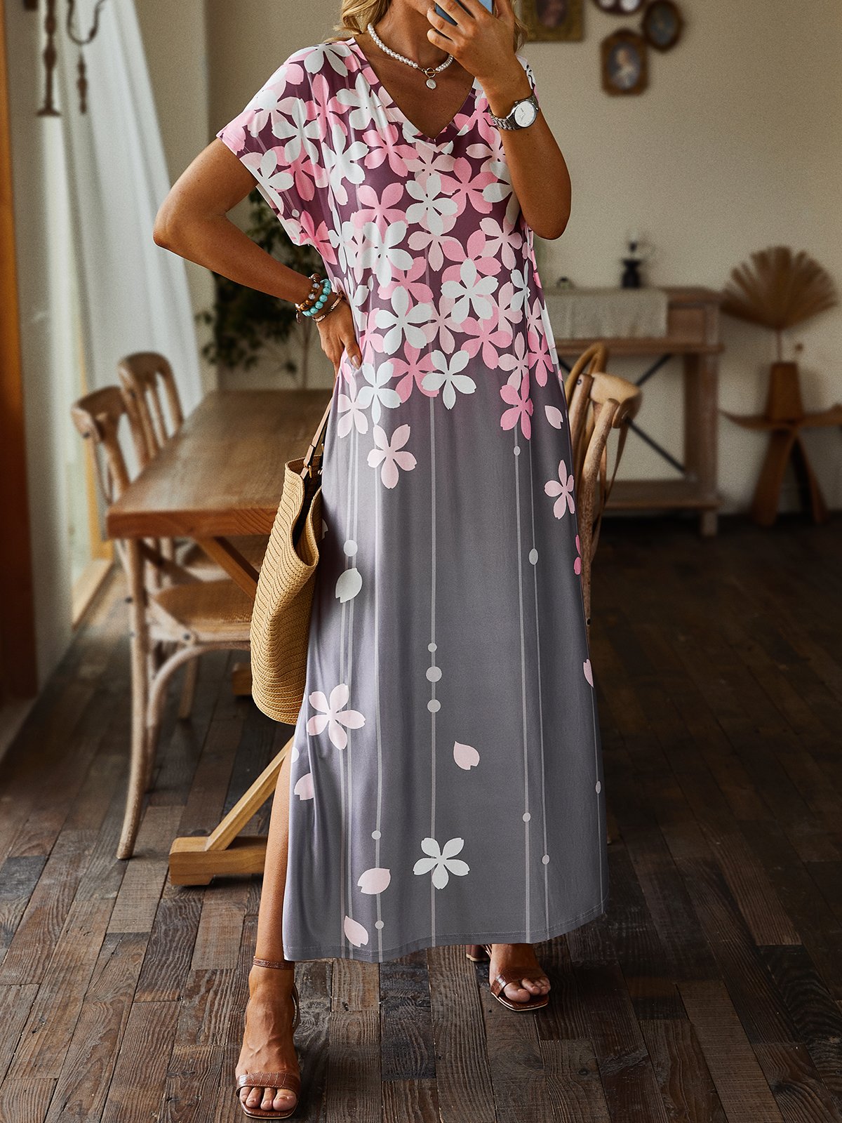 Casual Short Sleeve V Neck Floral Maxi Dress