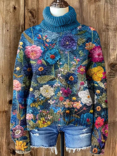 Loose Long Sleeve Turtleneck Floral Casual Regular Sweatshirt