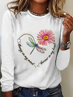 Casual Long Sleeve Crew Neck Daisy Loose Regular T-Shirt