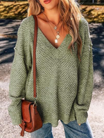 Loose Long Sleeve V Neck Plain Casual Regular Sweater