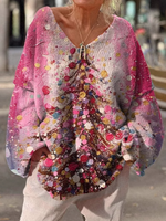 Loose Long Sleeve V Neck Ethnic Floral Casual Mid-Long Sweatshirt