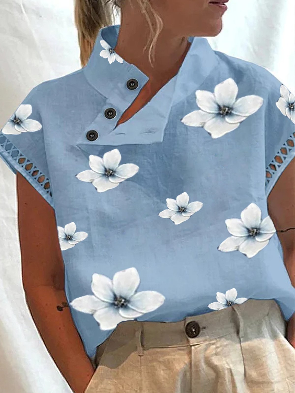 Loose Short Sleeve Asymmetrical Floral Casual Regular Blouse