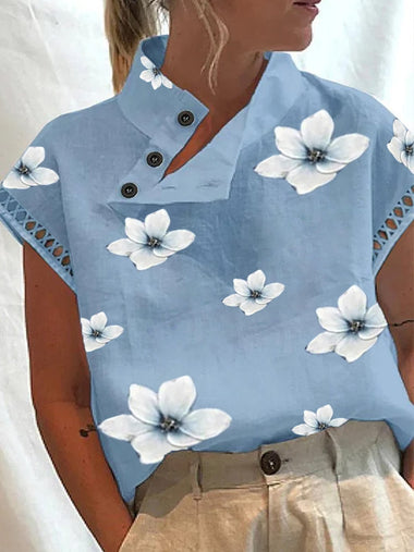 Loose Short Sleeve Asymmetrical Floral Casual Regular Blouse