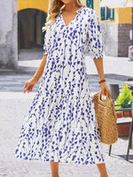 Casual Half Sleeve V Neck Blue Floral Loose Maxi Dress