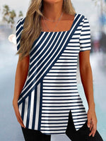 Casual Short Sleeve Square Neck Striped Loose Regular T-Shirt