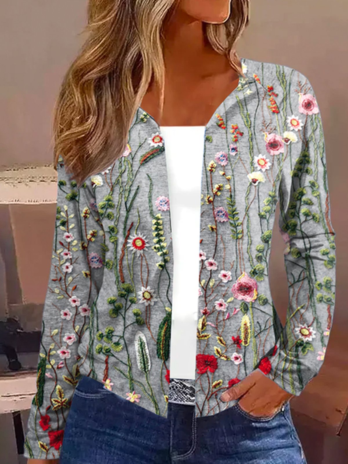 Loose Long Sleeve Floral Casual Regular Cardigan