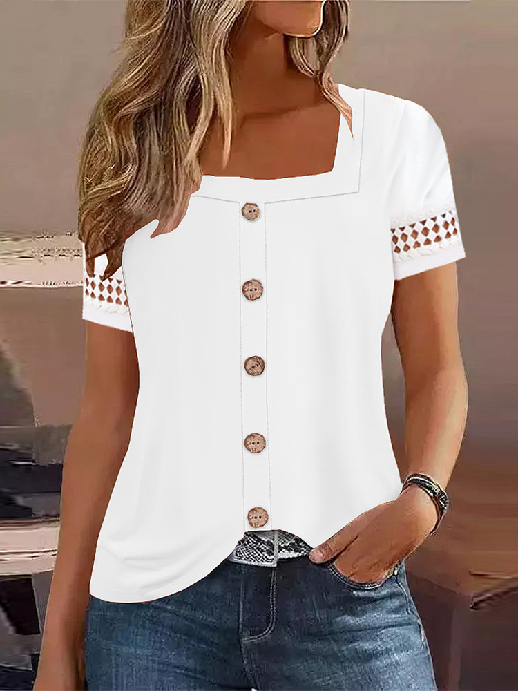 Loose Short Sleeve Square Neck Plain Casual Regular Blouse