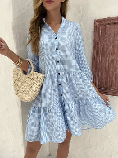 Casual Three Quarter Sleeve Stand Collar Plaid Loose Short Dress