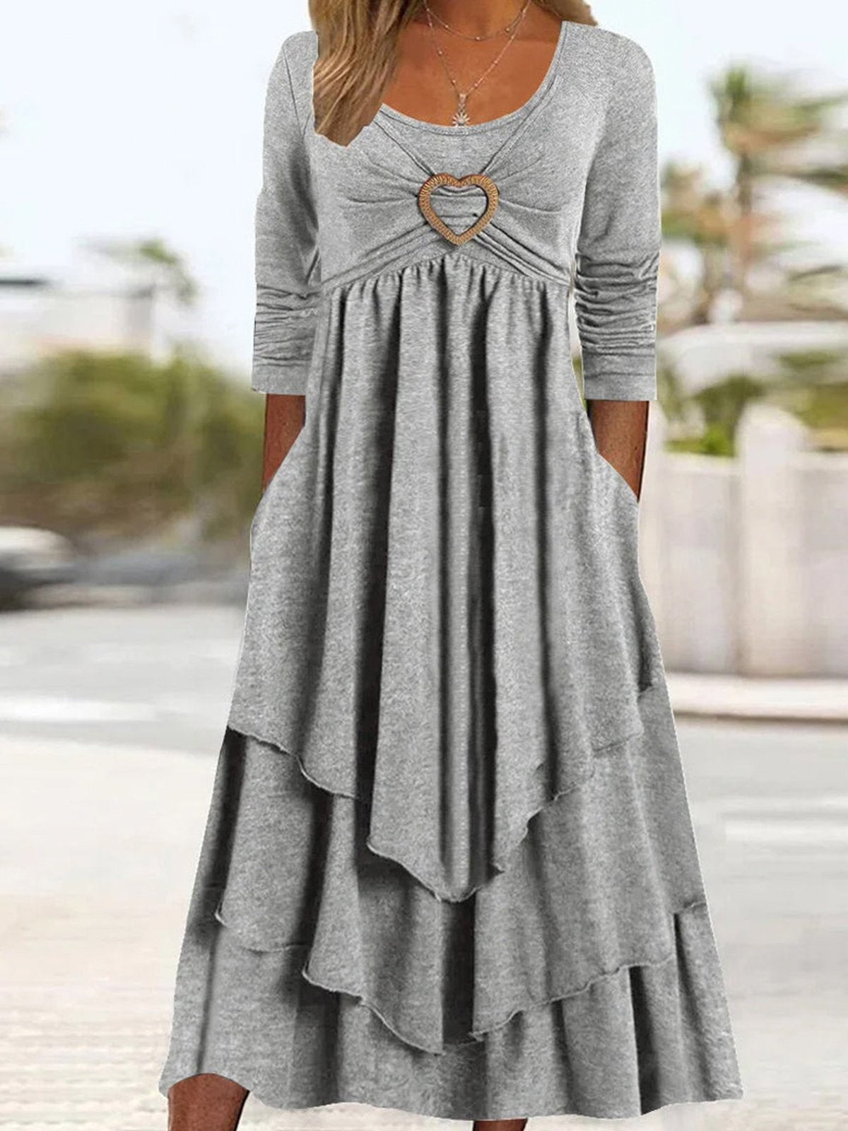 Casual Long Sleeve Crew Neck Plain Loose Midi Dress