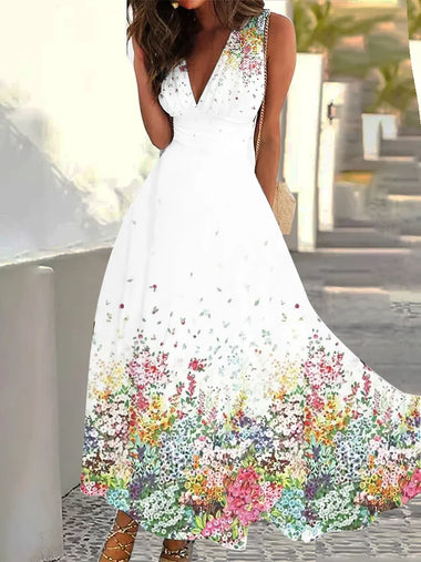 Casual Sleeveless V Neck Floral Loose Maxi Dress