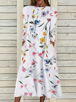 Casual Three Quarter Sleeve Crew Neck Floral Maxi Dress