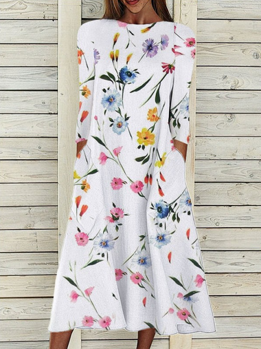 Casual Three Quarter Sleeve Crew Neck Floral Maxi Dress