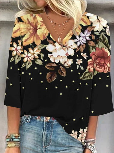 Casual Three Quarter Sleeve V Neck Ethnic Floral Loose Regular Blouse