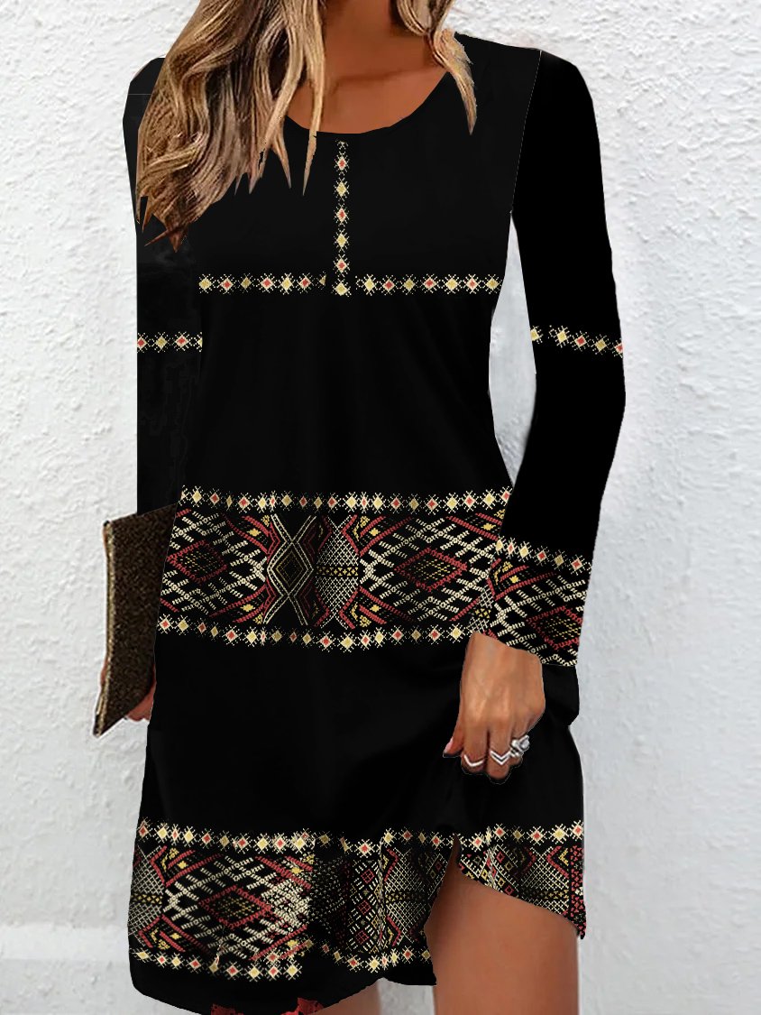 Boho Long Sleeve Crew Neck Ethnic Loose Short Dress