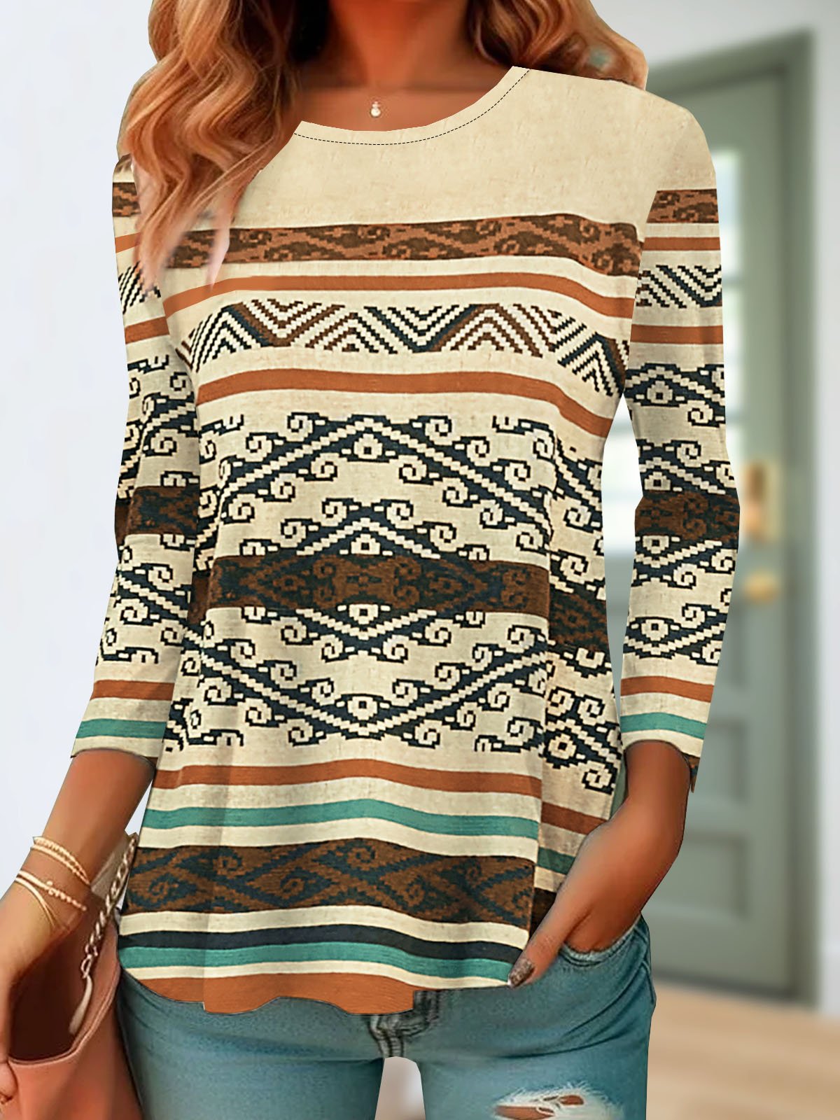 Vintage Long Sleeve Crew Neck Ethnic Loose Regular T-Shirt