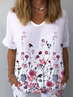 Loose Short Sleeve V Neck Floral Casual Regular Blouse