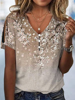 Loose Short Sleeve V Neck Floral Casual Regular Blouse