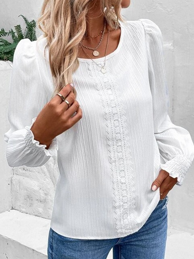 Loose Long Sleeve Crew Neck Plain Casual Regular Blouse