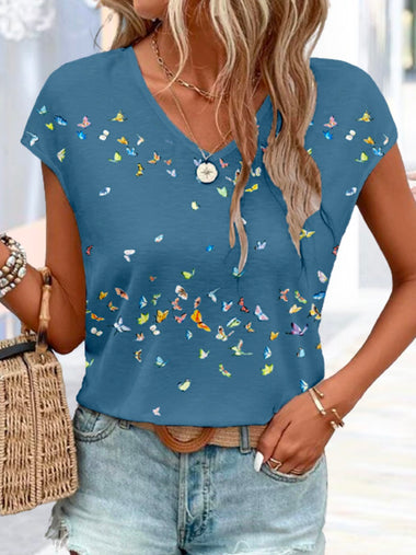 Loose Cap Sleeve V Neck Butterfly Casual Regular Blouse