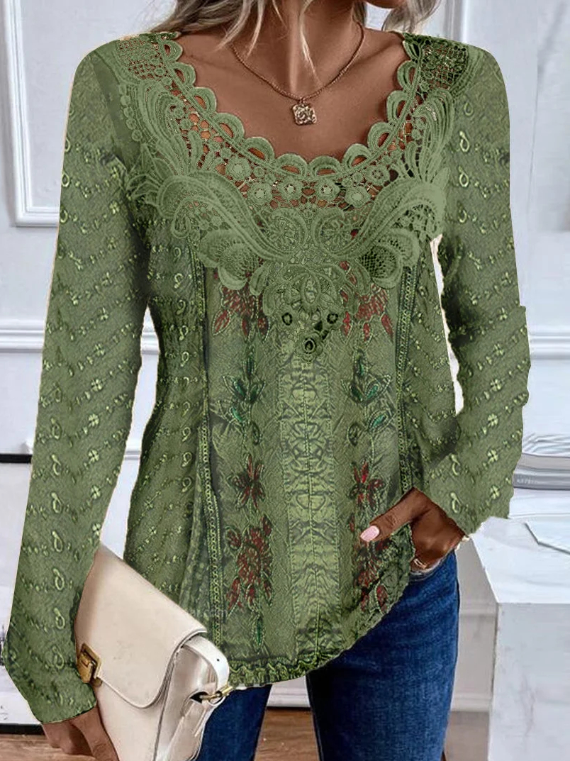 Loose Long Sleeve Crew Neck Random Print Casual Mid-Long Blouse