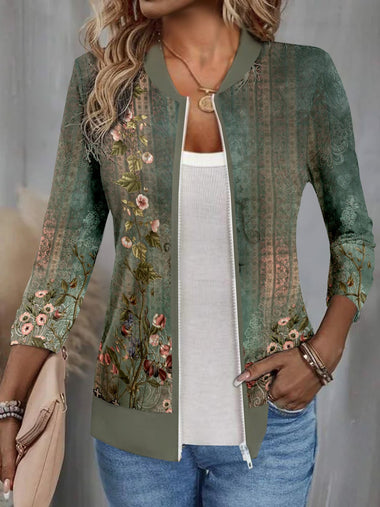 Loose Long Sleeve Floral Zipper Casual Regular Jacket