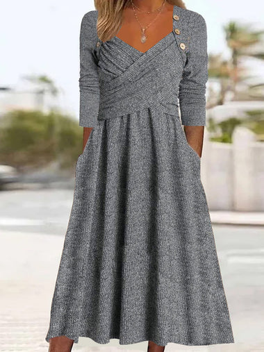 Casual Long Sleeve Sweetheart Neckline Plain Loose Midi Dress