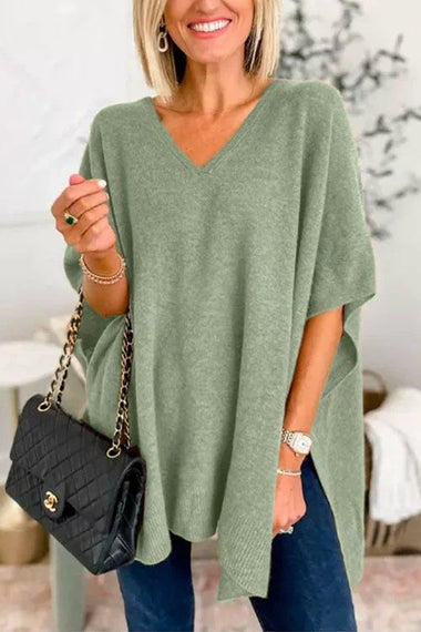 Loose Short Sleeve V Neck Plain Casual Regular Sweater