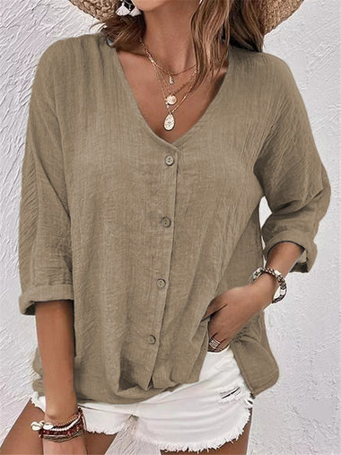 Casual Long Sleeve V Neck Ombre Loose Regular Shirt