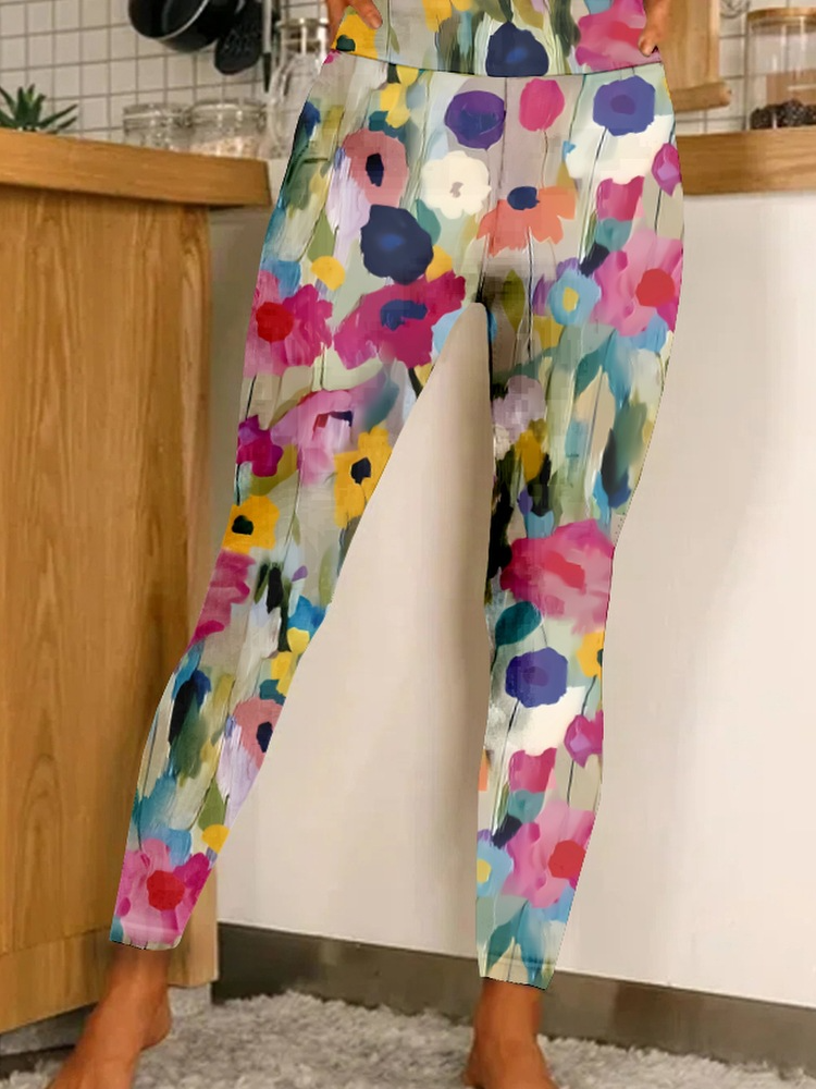 Plus Size Casual Floral Tight Long Leggings