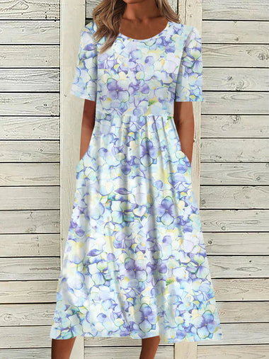 Casual Short Sleeve Crew Neck Floral Ruched Loose Maxi Dress