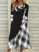 Casual Long Sleeve Crew Neck Plaid Loose Mini Dress