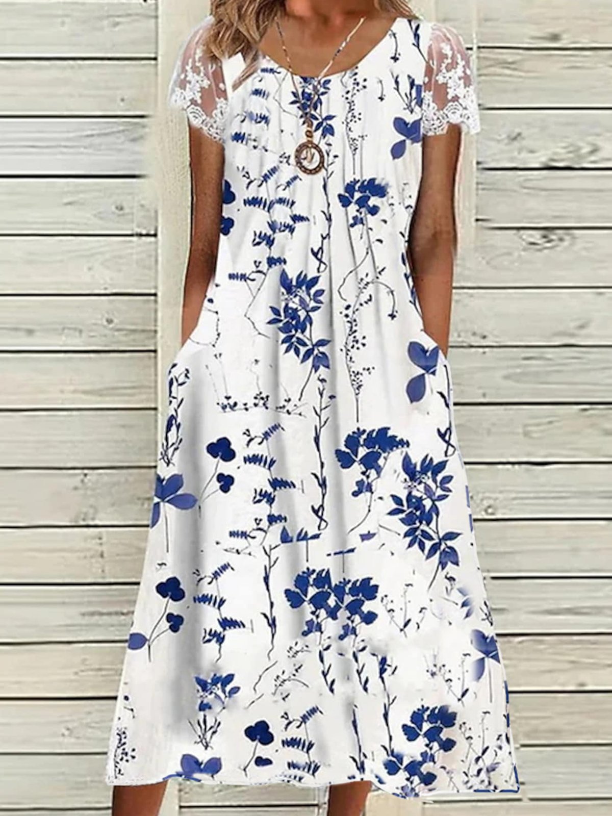 Casual Short Sleeve Crew Neck Floral Loose Midi Dress