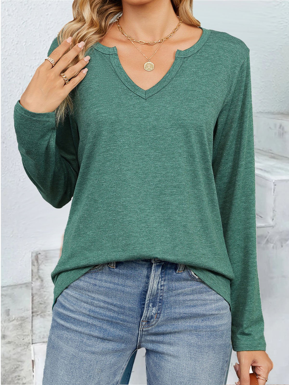 Loose Long Sleeve Notched Plain Casual Regular T-Shirt