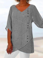 Vacation Half Sleeve V Neck Striped Loose Mid-Long Blouse