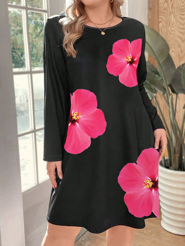 Casual Long Sleeve Crew Neck Floral Short Dress