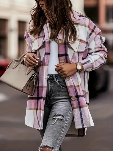 Loose Shirt Collar Long Sleeve Plaid Casual Regular Jacket