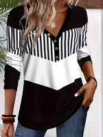 Casual Long Sleeve V Neck Striped Loose Regular T-Shirt