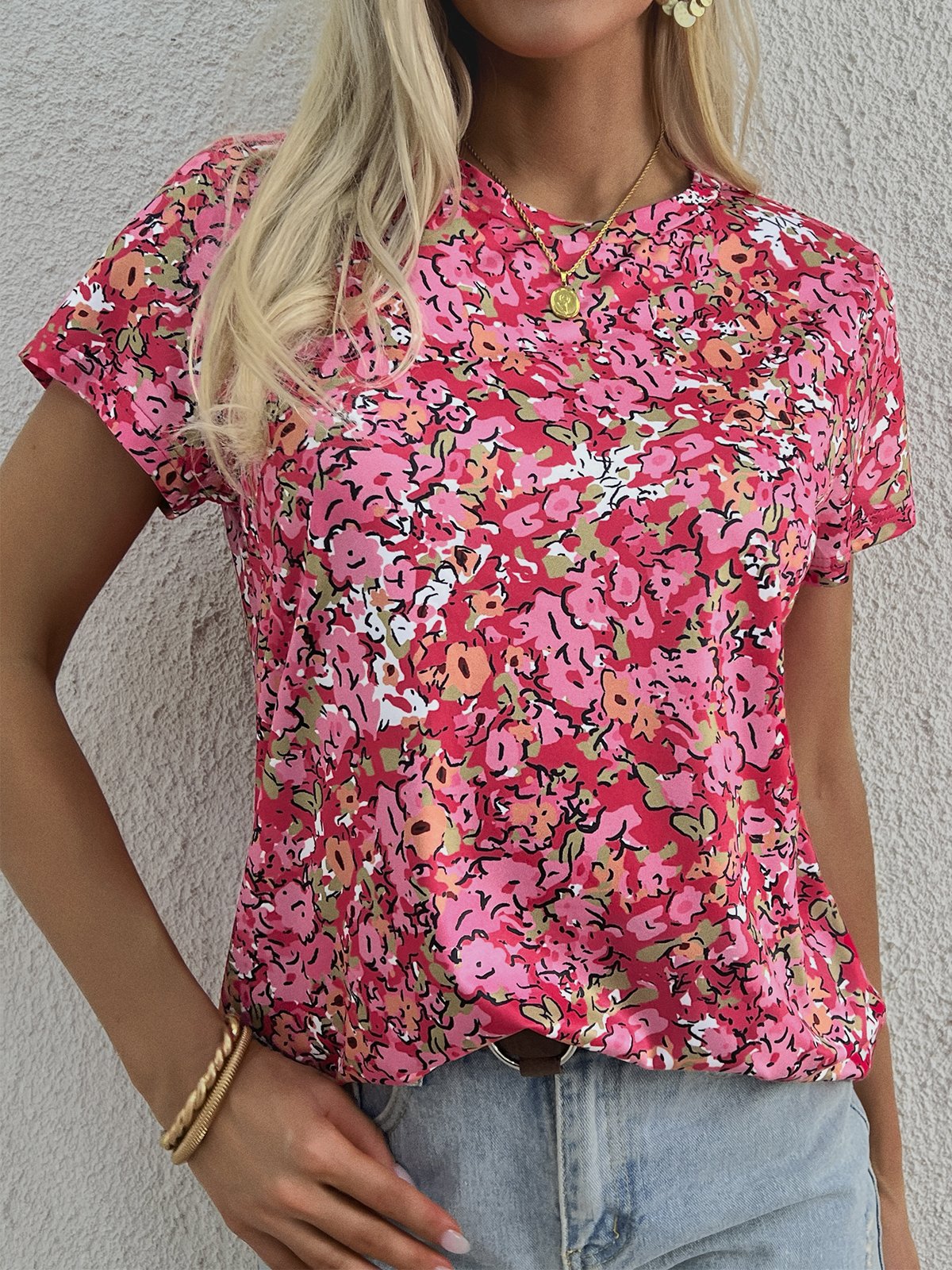 Casual Short Sleeve Crew Neck Floral Regular T-Shirt