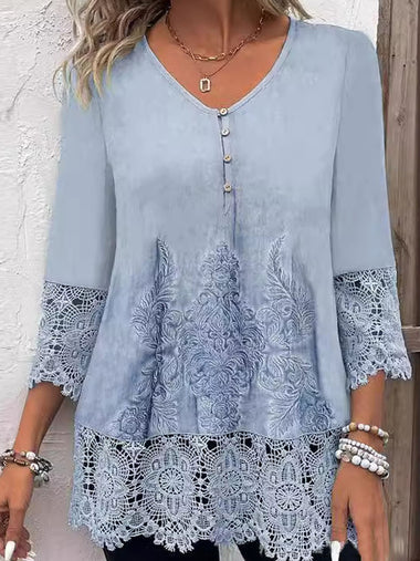 Casual Three Quarter Sleeve V Neck Floral Loose Mid-Long Blouse