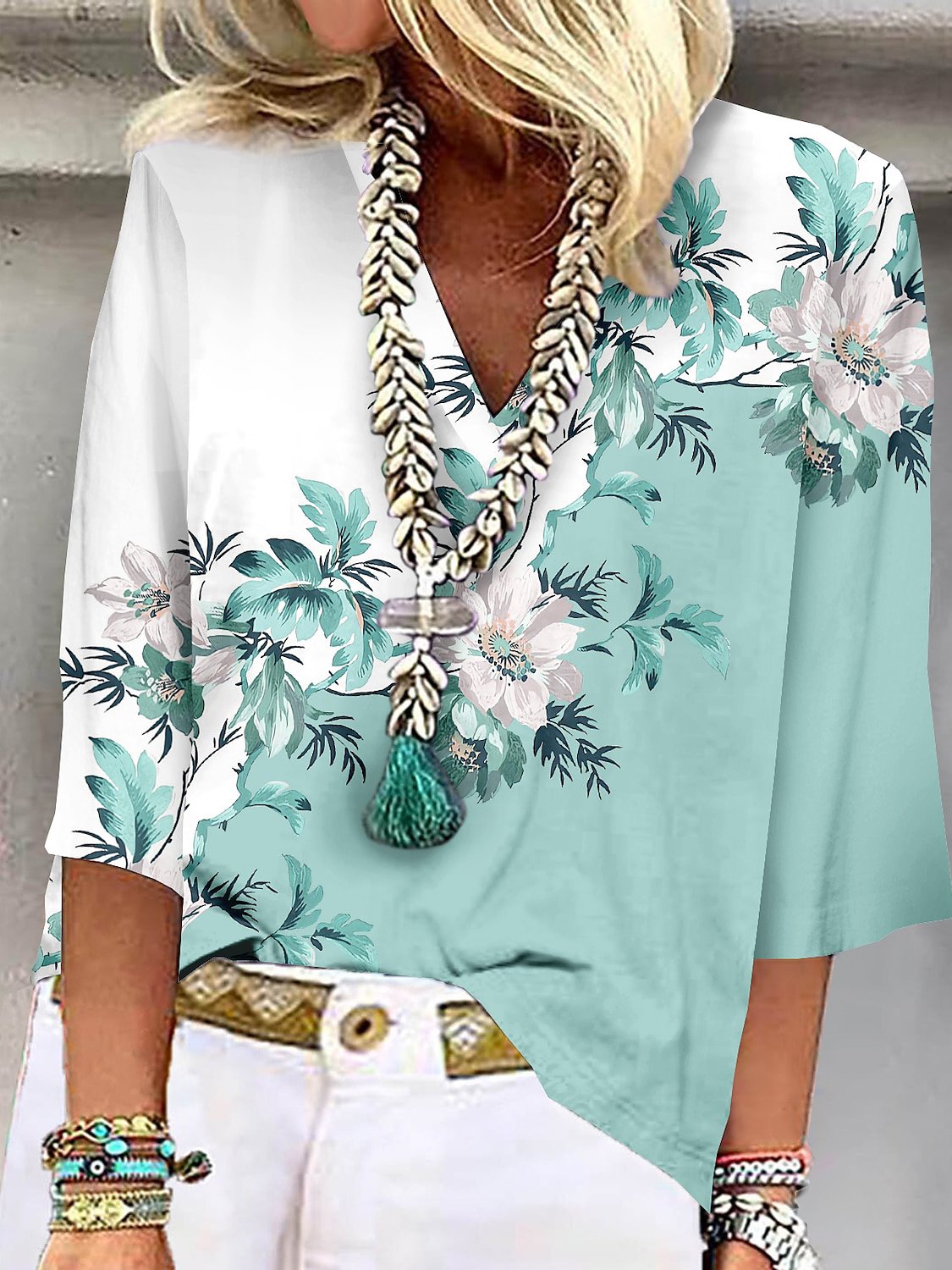 Casual Half Sleeve V Neck Floral Loose Regular Blouse