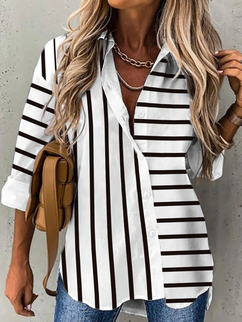 Loose Long Sleeve Shirt Collar Striped Casual Regular Shirt