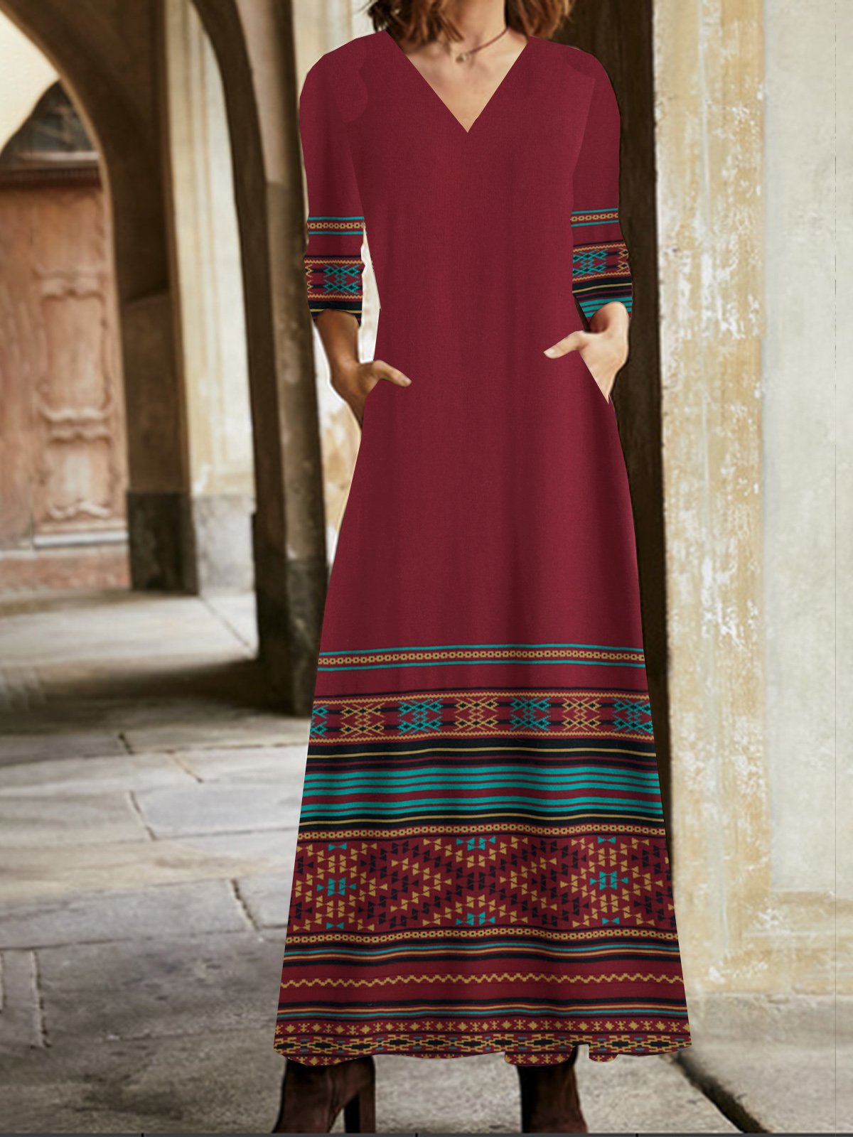 Vintage Long Sleeve V Neck Ethnic Maxi Dress