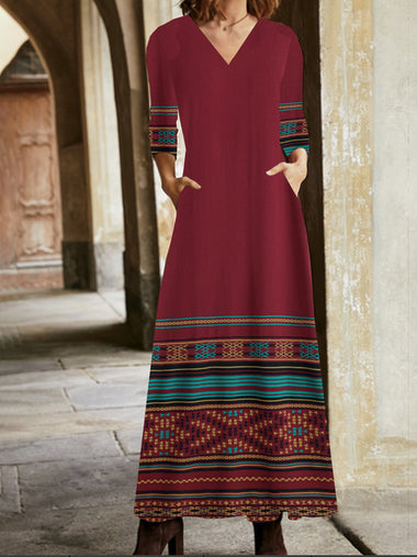 Vintage Long Sleeve V Neck Ethnic Maxi Dress