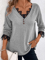 Loose Long Sleeve V Neck Plain Casual Regular T-Shirt