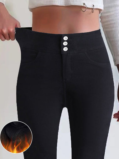 Casual Plain Fleece Buckle Tight Long Leggings