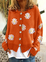 Casual Long Sleeve Floral Loose Mid-Long Sweater