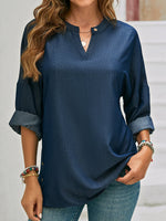 Casual Long Sleeve Notched Plain Loose Regular Blouse