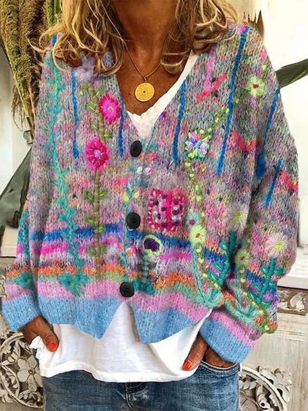 Loose V Neck Long Sleeve Floral Casual Regular Cardigan