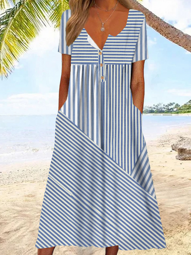 Casual Short Sleeve Striped Loose Midi Dress